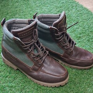 Sean John Brown Leather & Green Canvas Lace-Up Boots Mens Size 10